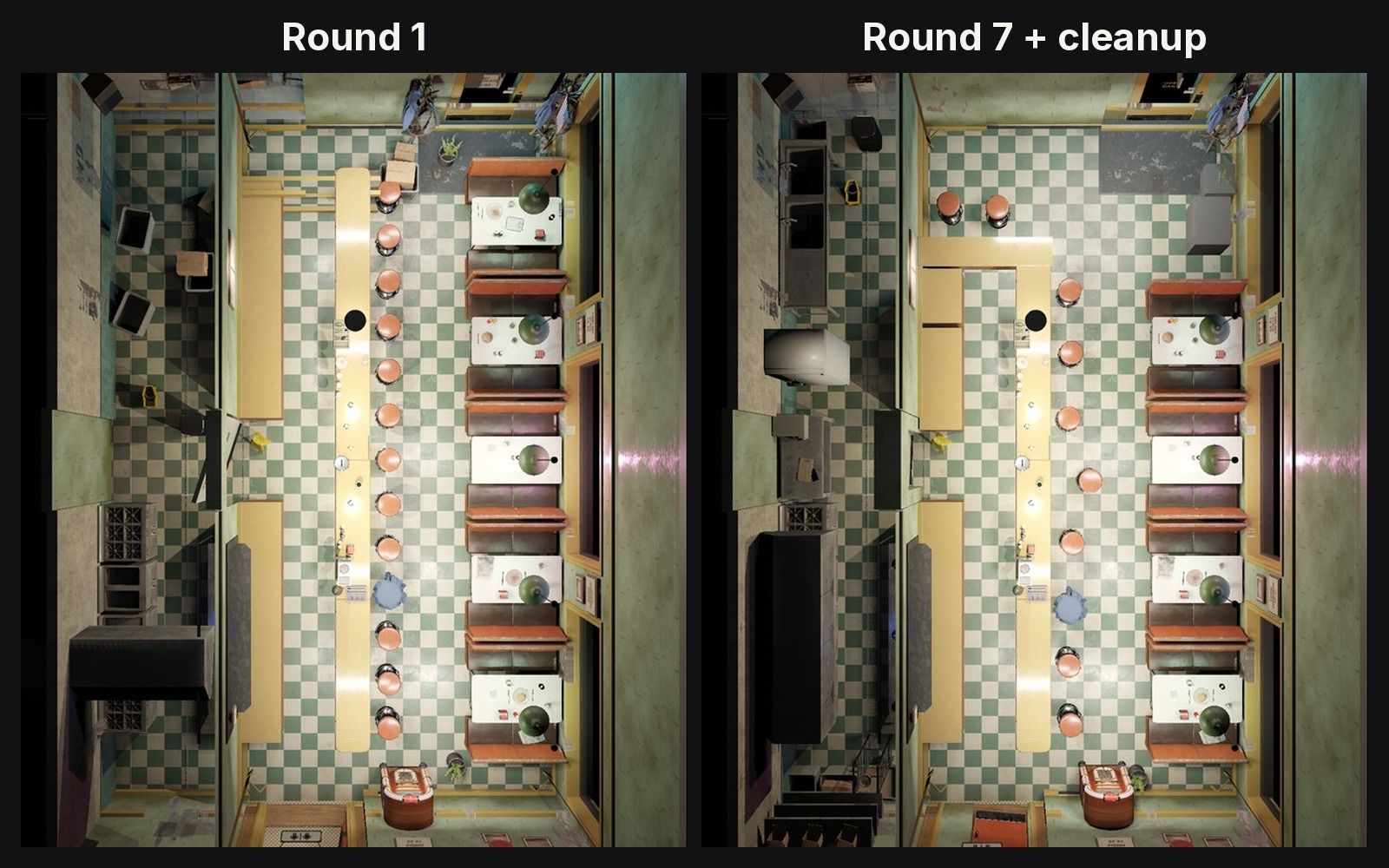 Top-down comparison of the diner floor plan: round 1 on the left, round 7 plus cleanup on the right.