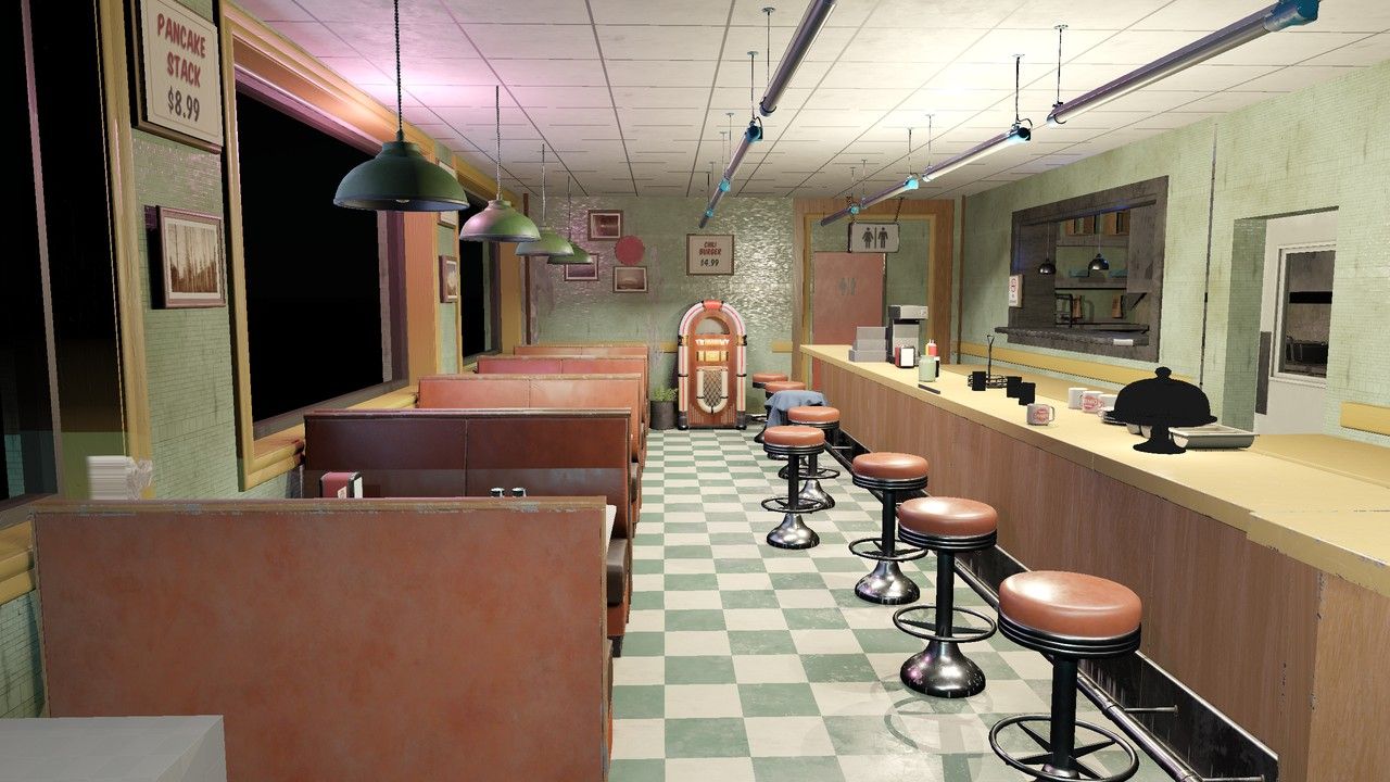 Inside the diner testbed in Unreal: booths along the windows, a long counter with red stools, a jukebox at the far wall.