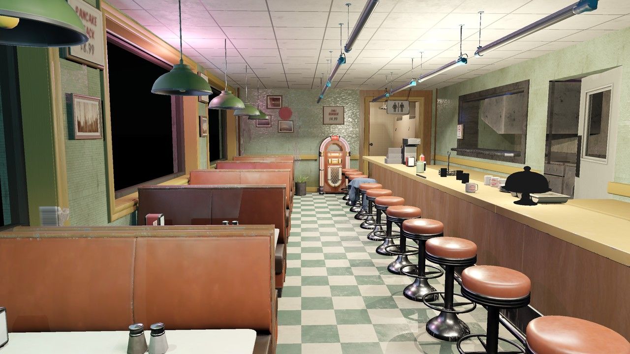 Diner entry aisle after round 1: a long uniform row of stools.