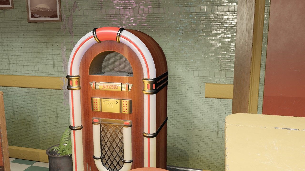 Close-up of the jukebox against the tiled diner wall with a potted fern beside it.