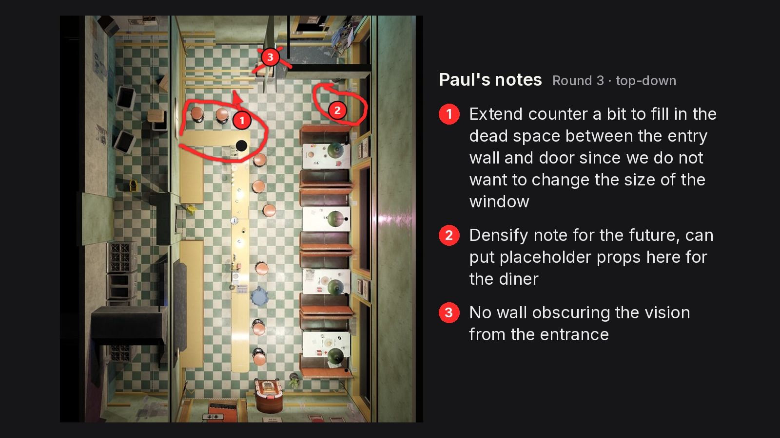 Top-down of round 3 with red pins on the counter, a future props spot, and the entry wall.