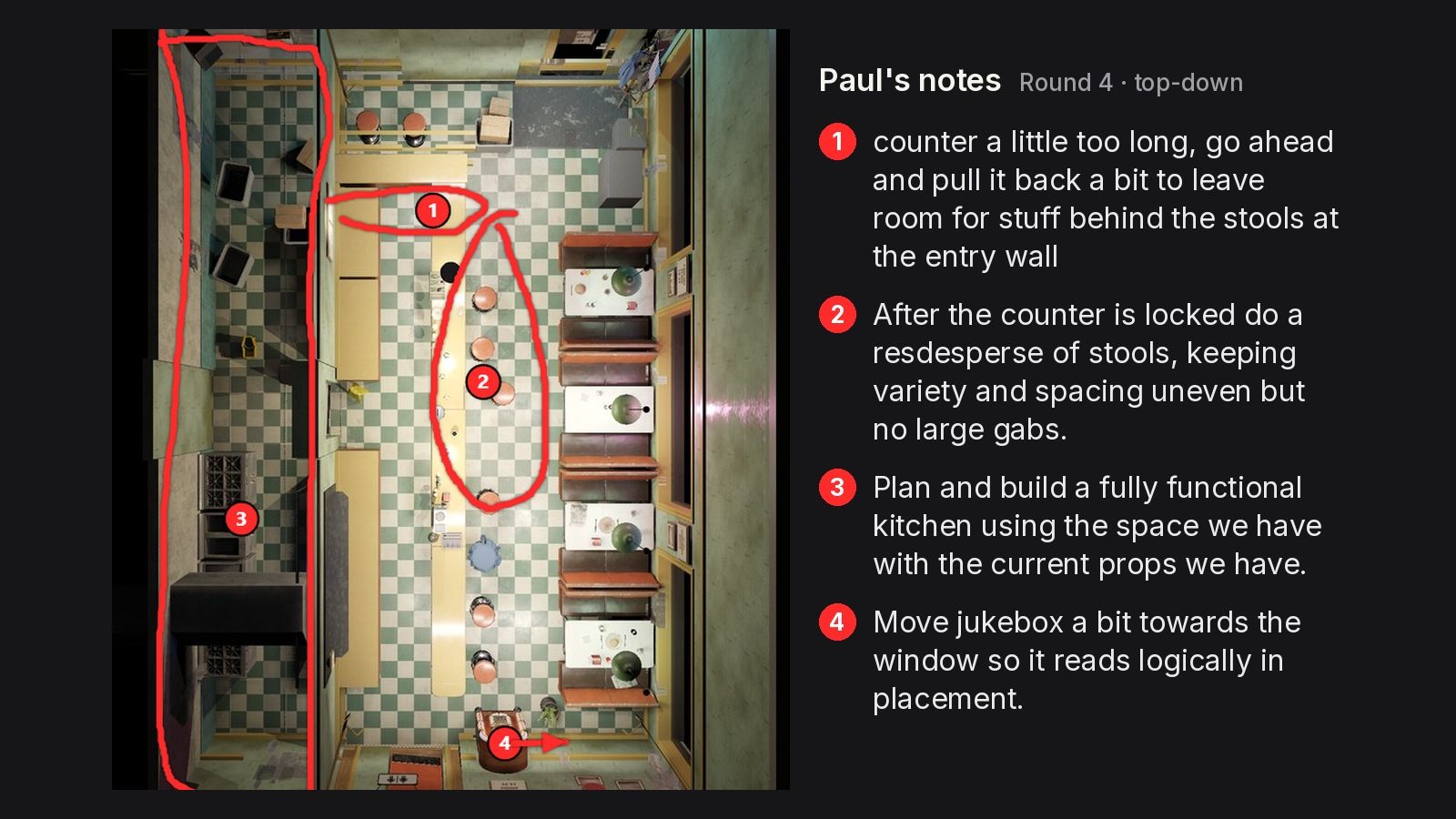 Top-down of round 4 with four red pins: counter length, stool spacing, kitchen, jukebox.