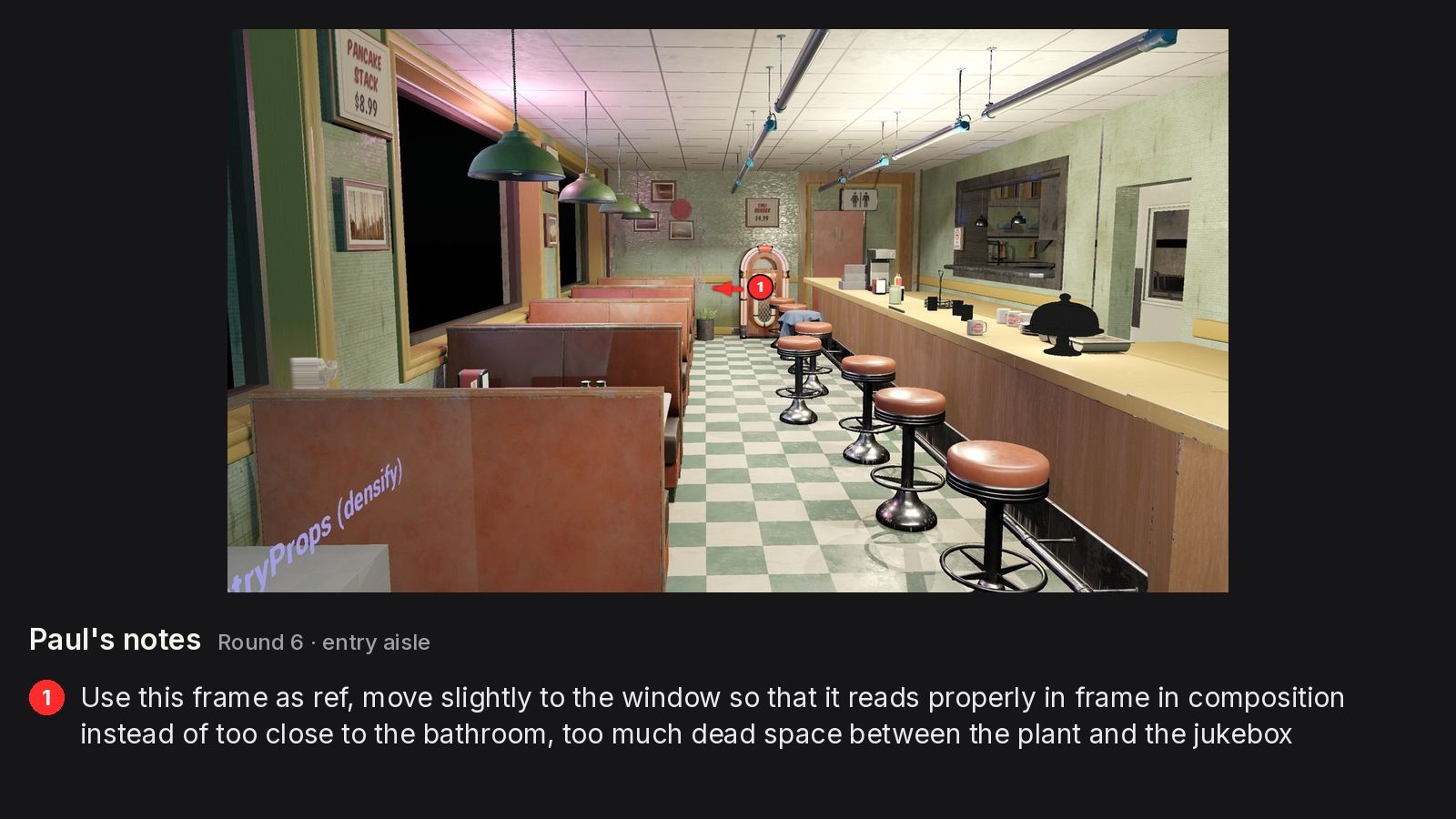 Entry-aisle view of round 6 with a red pin by the jukebox and a note about dead space next to the plant.