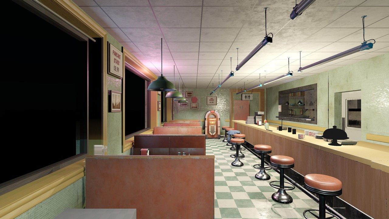 First-person view from inside the diner entrance, looking down the aisle.