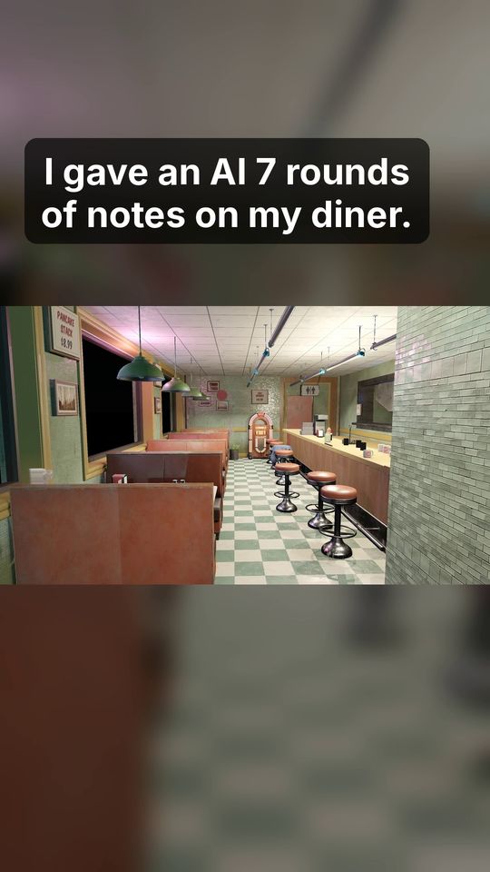 Still from the Short: on-screen text reads 'I gave an AI 7 rounds of notes on my diner.' over the diner interior.